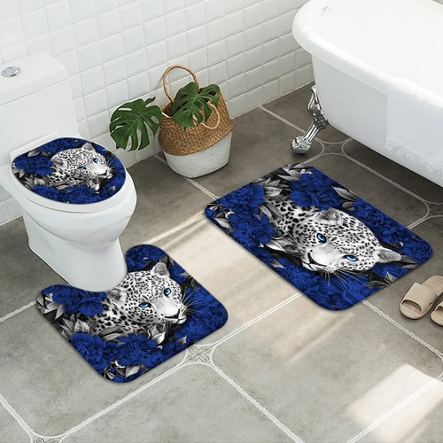 Blue Leopard Shower Curtain Set with Rugs 4 PCS Bathroom Accessories Blue Decor - Picture 3 of 6