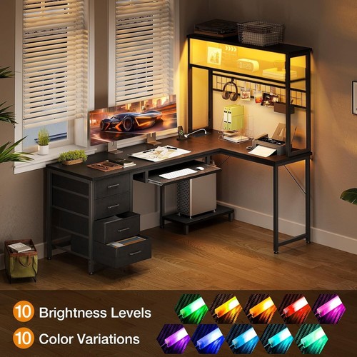 59Inch Reversible Computer Desk with Drawers Corner Office Desk with LED Lights - Picture 4 of 8