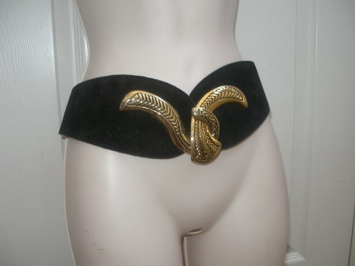 Cinturón Cintura Egipcio Gamuza Cuero Negro Dorado Hebilla Grande 30" a 34" Nuevo - Imagen 6 de 12