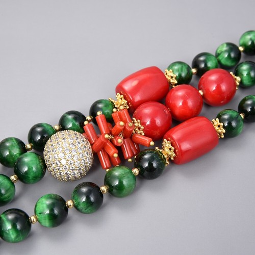 8" 3 Strands Green Tigers eye Red Shell Coral Cz pave beads Bracelet For Women - Picture 6 of 6