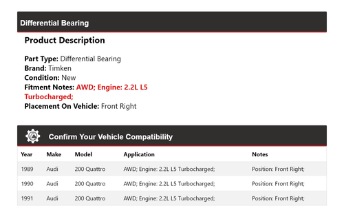 For 1989-1991 Audi 200 Quattro 2.2L AWD Differential Bearing Front Right Timken - Picture 2 of 6