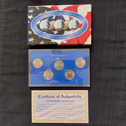 1999 Philadelphia Mint 5 Coin State Clad Quarter BU Set with Box & COA - 第 1/2 張圖片