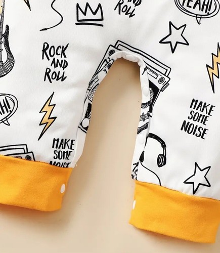 Rock N Roll Baby Boy Pajama 2Pcs Set Soft Jumpsuit Hat Outfit White 3-6 Months - Picture 3 of 4