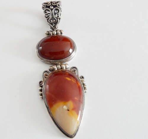 Two Stone 925 Sterling Silver Red-Brown Jasper, Carnelian Sard Pendant w Hinges - Picture 7 of 10