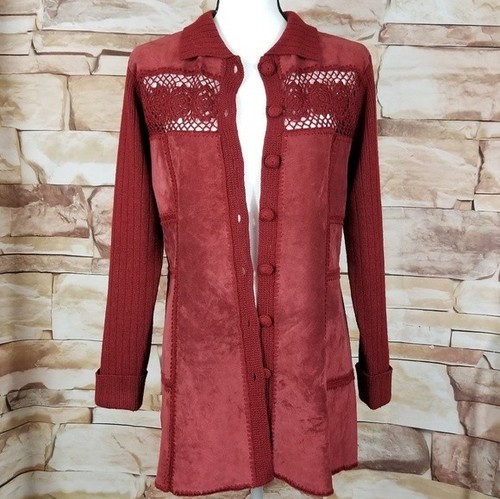 J.Jill Burgundy Wool & Leather Suede Cardigan