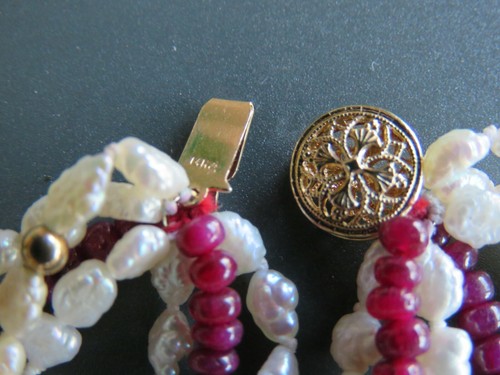 Solid 14K Yellow Gold Natural Ruby/White Pearl 7 Strands Beaded Necklace 16.5" - Picture 10 of 12