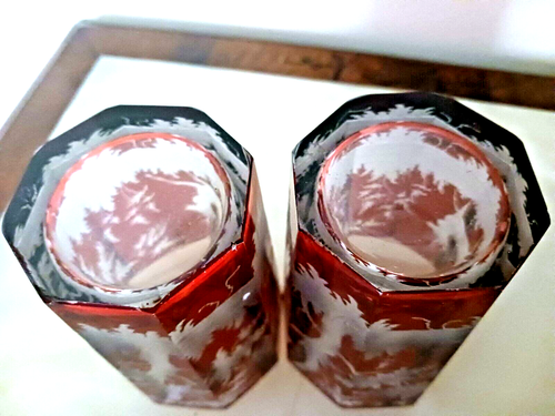 1900's Pair Of Ruby Red Cut To Clear Drinking Glasses w/ deer - Picture 4 of 5