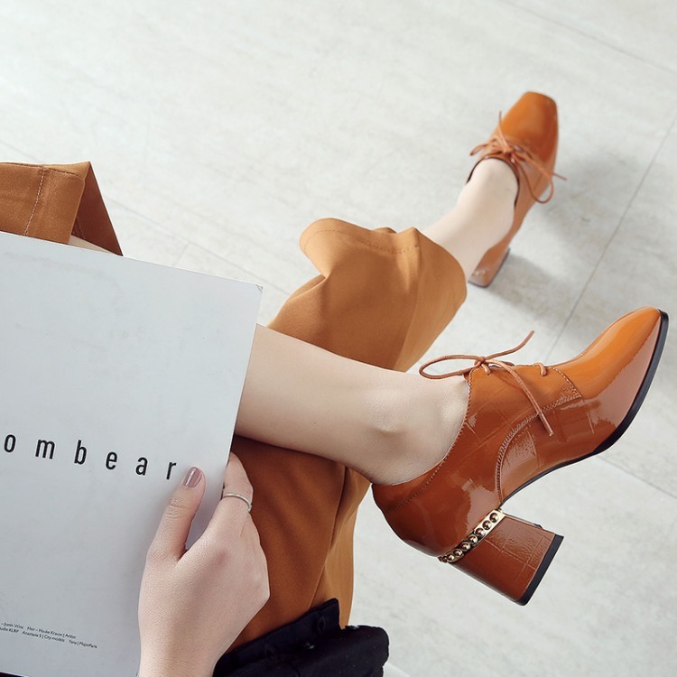 Womens Block High Heels Heels Heels Square Toe Lace Up Oxfords Solid Patent Leather shoes 77751c Womens Block High Heels Heels Heels Square Toe Lace Up Oxfords Solid Patent Leather shoes 77751c