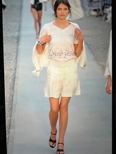 CHANEL VINTAGE 12C NEW ECRU JACKET CARDIGAN RED BLUE CAMELLIAS CC button FR40-38