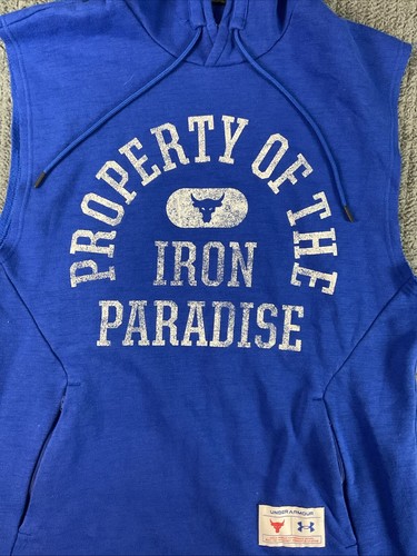 Under Armour Project Rock Hoodie Mens Medium Blue No Sleeve Pullover Workout - Picture 2 of 13