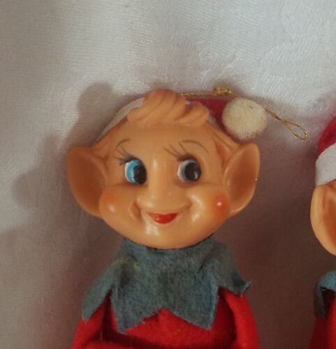 Vintage red felt pixie elf on shelf Knee hugger ornaments Set of 4 - Picture 2 of 10