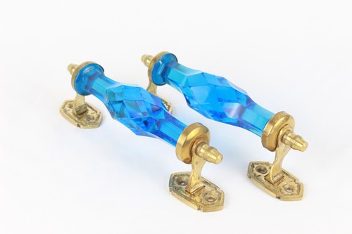 Pomelli per porta in vetro blu cielo con accenti in ottone - set 2 stile vittoriano vintage - Foto 5 di 11