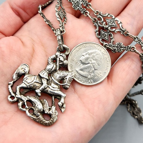 Gothic St George Dragon Slayer Italy 800 Silver Peruzzi Pendant Necklace 26" 30g - Picture 12 of 12