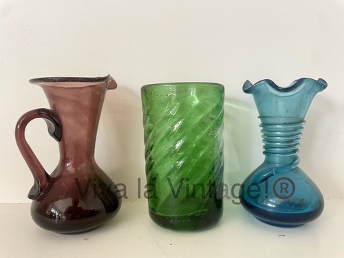 Blenko Vintage Glass Miniature Mini Pitchers Vase Bottle SET Of 3 Approx 3” Tall
