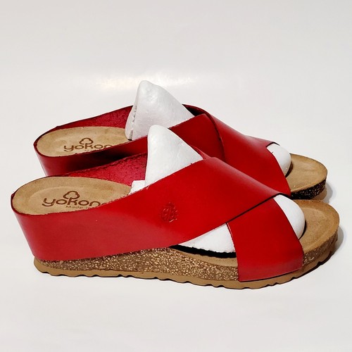 Yokono Candela Red Leather Criss Cross Cork Wedge Slip on Sandals Wms 9US 40EU - Picture 4 of 22