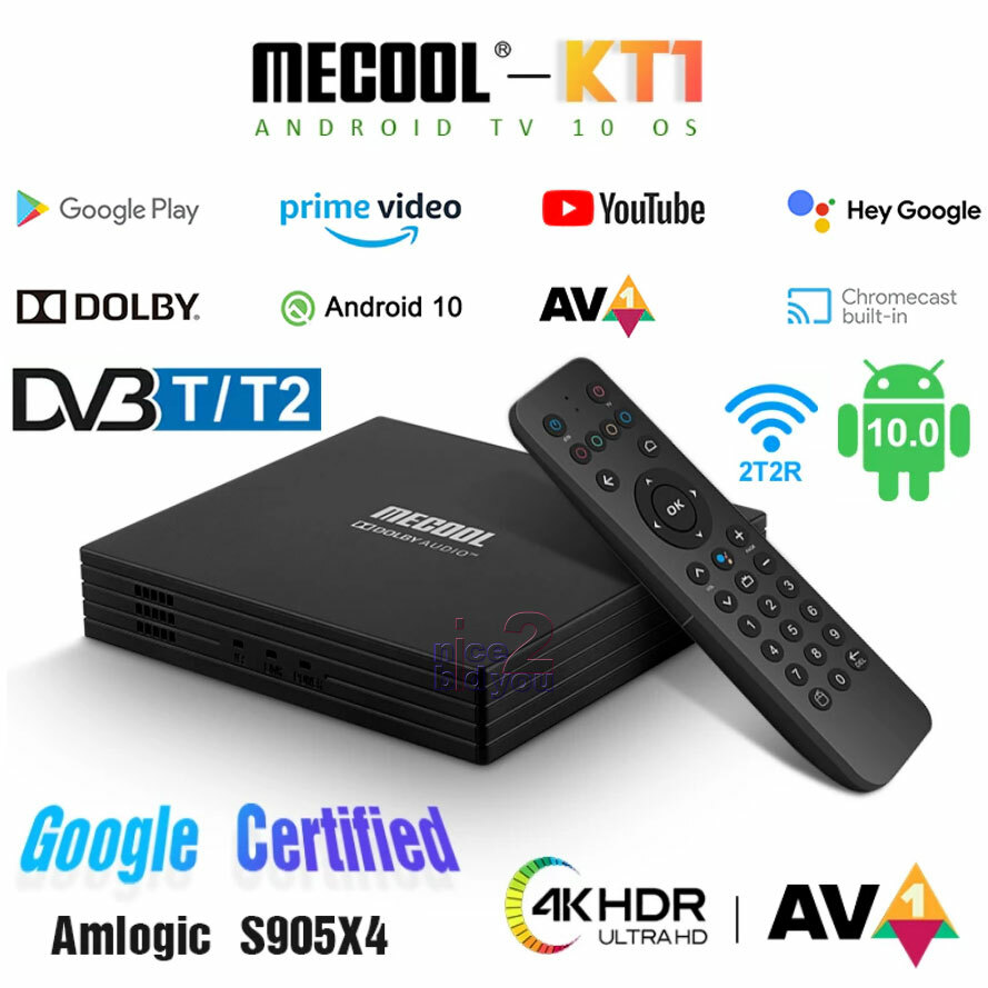 MECOOL KT1 DVB-T T2 4K HDR AV1 Android 10.0 TV Set Top Box 2.4G 5G 2T2R ...