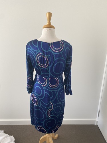 TRINA TURK SILK DRESS - SIZE 4 - NAVY TEAL PINK IVORY - MADE IN USA - DRAPED - Picture 9 of 11