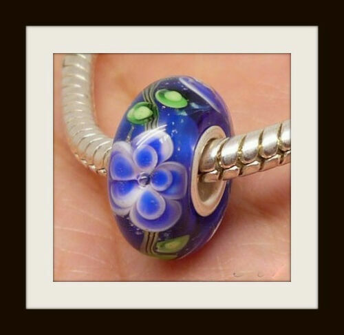 Murano Glass Charm Bead #2~Blue Flower Floral~European Sterling Silver 