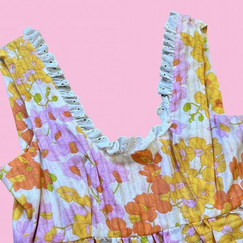 Vintage 1970s Yellow Pink Floral Ruffle Empire Waist Hippie Spring Maxi Dress - Picture 4 of 6