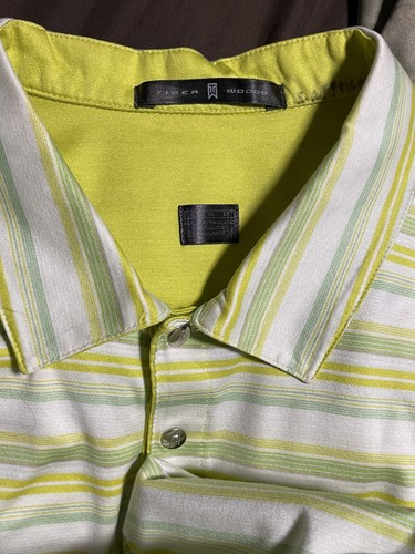 Tiger Woods Collection Polo Mens XL Yellow Green White Snap Up Golf Shirt - Picture 3 of 4