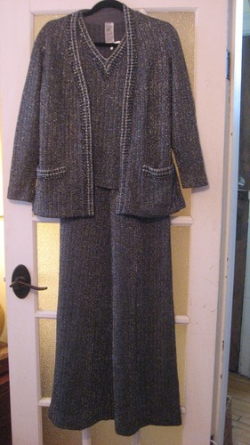 Vintage 60s 70s Holt Renfrew Silver Lame Black Skirt Suit 3 Pc Hippie Boho Mod - Picture 8 of 16