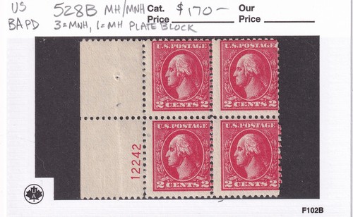 MATT'S STAMPS SCOTT #528B GEORGE WASHINGTON 2-CENT PLATE BLOCK 4 MNH/MH CV$170 - Picture 3 of 3