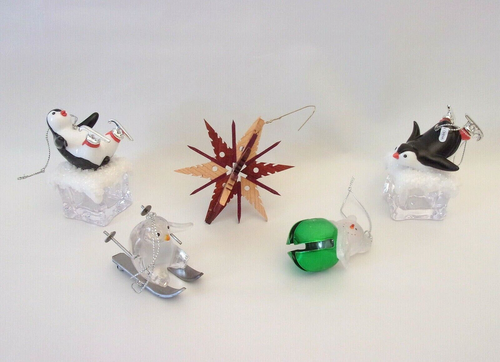 Christmas Tree Ornaments Glass, Wood, Metal PENGUIN, STAR, SNOWMAN  5 PIECE - Foto 1 di 8