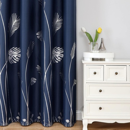 Thermal Insulated Blackout Curtains for Bedroom - Navy Blue & Silver Design - Bild 4 von 12