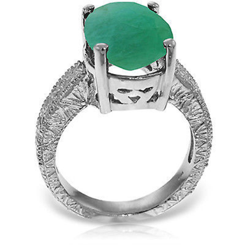 Platinum Plated 925 Sterling Silver Ring w/ Natural Oval Emerald - Picture 2 of 4
