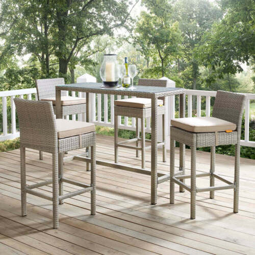 Modway Conduit Bar Stool Outdoor Patio Wicker Rattan Set of 4, Light Gray Beige
