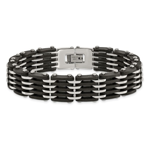 Stainless Steel Polished with Black Rubber Link Bracelet 8.25" - Picture 4 of 6