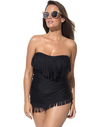 Swimsuits for All Fringe Bandeau Tankini Set With Sarong Skirt - Black, Black