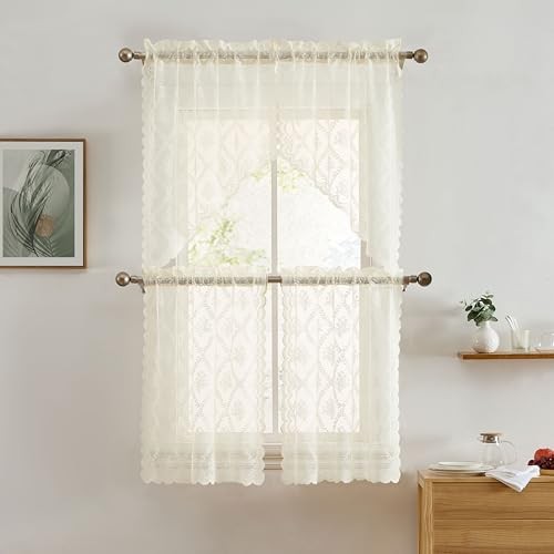Isabella Floral Rod Pocket Lace Short Cafe Swags 28"W x 36"L (Pack of 2) Ivory - Picture 6 of 7