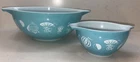 Vintage Pyrex Turquoise Hot Air Balloons Chip & Dip Cinderella Bowl Set 444/441