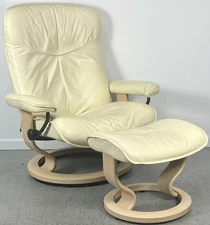 Ekornes Stressless Large Dover Cream Leather Swivel Recliner Chair and Ottoman