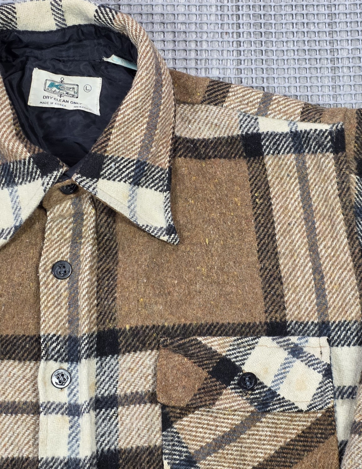 Vintage 70s K-Mart CPO Plaid Shacket Brown Beige Flannel Shirt Wool Men’s L Rare image 4