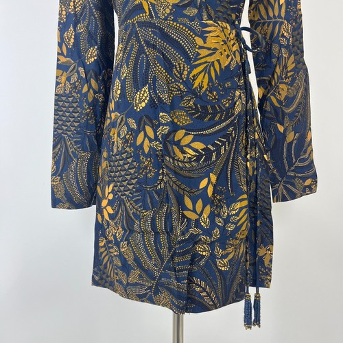 NWT Farm Rio Gold Blue Floral Forest Wrap Mini Dress Long Sleeve Size L - Picture 9 of 15