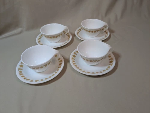 VTG Set of 4 CORELLE BUTTERFLY GOLD Hook Handle Coffee Tea Cups & Saucers FLAWS