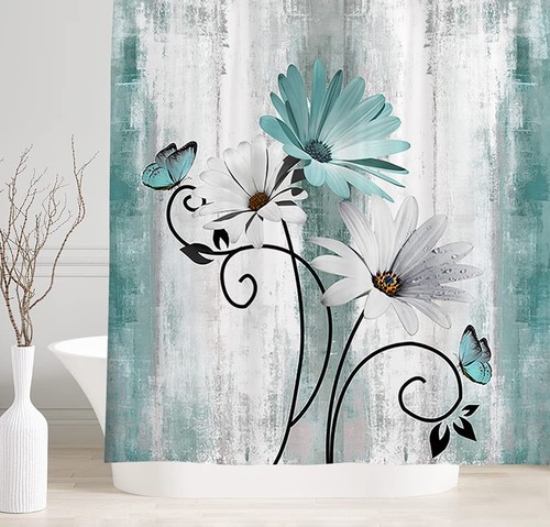 Rustic Farmhouse Shower Curtain, Farm Teal Daisy Floral Flowers and Butterfly... - Picture 5 of 10