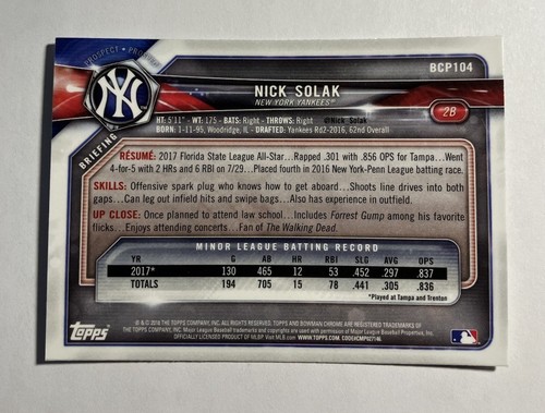 Nick Solak 2018 Bowman Chrome Prospect #BCP104 New York Yankees - Picture 2 of 2