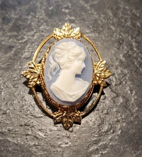 Vintage Cameo on Blue Gold Tone Oval Brooch Pin or Pendant Costume Jewelry 1.5"