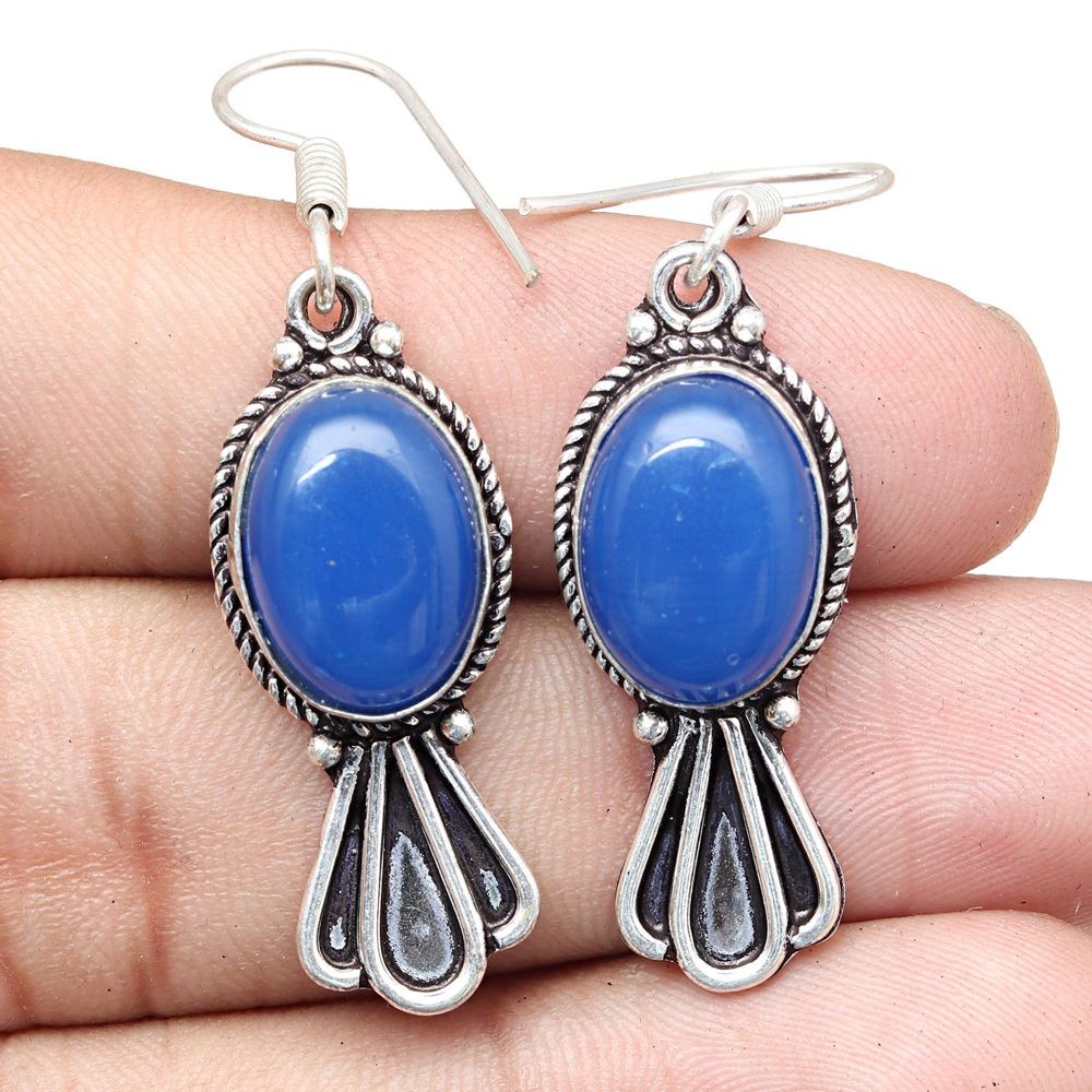 Blue Chalcedony Silver Earrings Handmade Gemstone Gift for Her 1.5 Inch