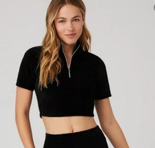 NEW Alo Yoga Micro Corduroy Winter  Mock Neck Quarter Zip Crop Top Black ~XS