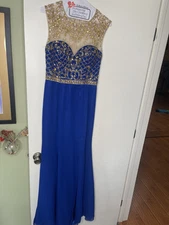 Womens Medium Rich Blue Satin Maxi Gown Halter Dress