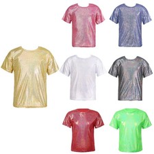 Girls Boys T-shirt Jazz Costume Metallic Top Party Tee Unisex Blouse Dance Kids