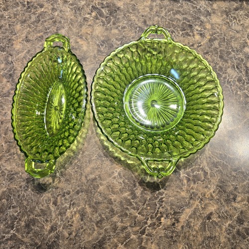 Vintage Green Depression Glass Honeycomb Pattern Handled Bowls – Set of 2