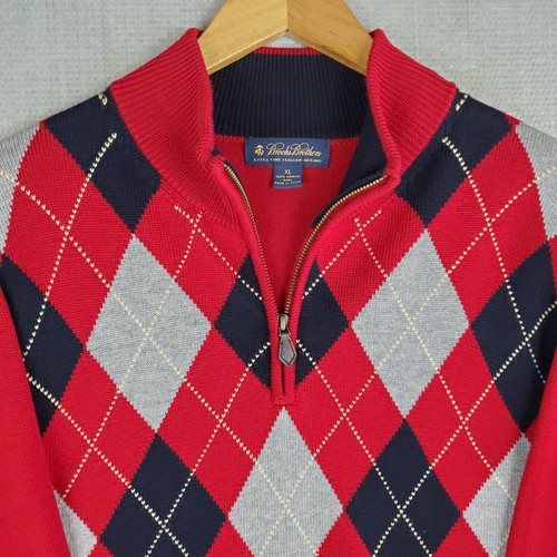 BROOKS BROTHERS Size XL Mens 100% Merino Wool Argyle 1/4 Zip Sweater Red Diamond - Picture 2 of 19
