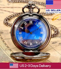 Vintage-Style Bronze Pocket Watch with Starry Blue Dial and Chain, Free Shipping