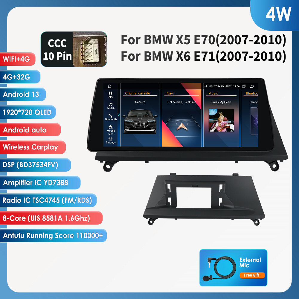 Aggiornamento TouchScreen compatibile con il sistema CCC BMW X5 X6 E70 E71 2003-2009 con CarPlay Wireless e Android Auto, mantiene iDrive/CD/Radio di fabbrica, avvio 2 s basato su Linux, Plug & Play