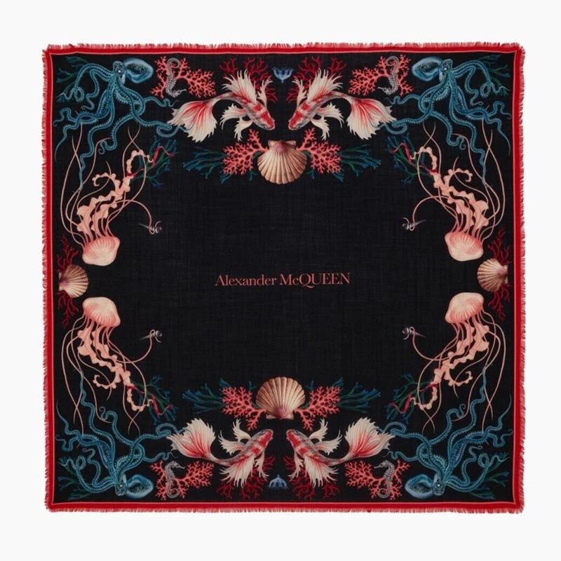 Alexander McQueen — NEW $490 ALEXANDER MCQUEEN Navy UNDERWATER LOGO KIO FISH 100% Wool SHAWL SCARF